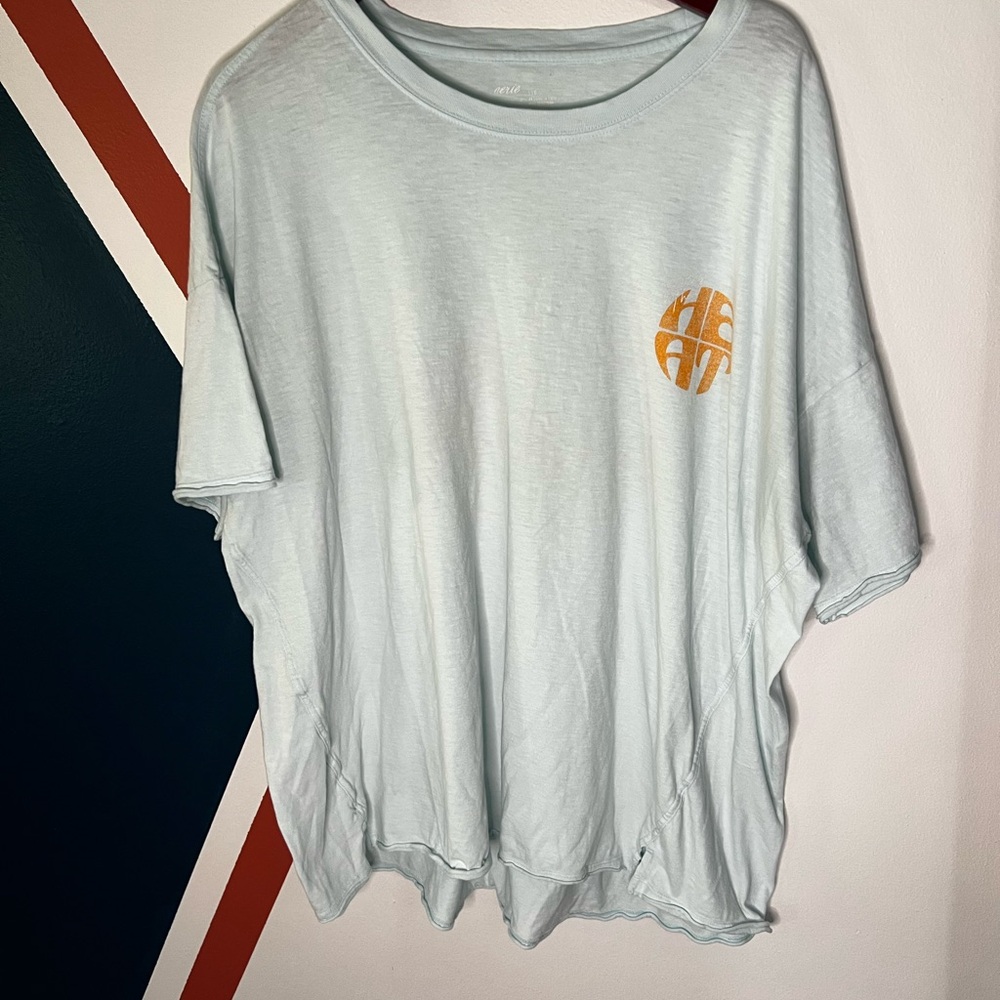 aerie Light Blue Short Sleeve Tee with Orange Feeling the Heat Logo